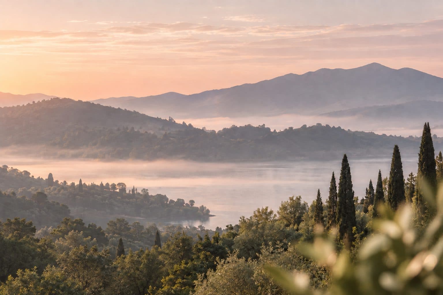 Soft morning light over a quiet, wooded valley